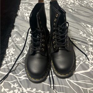 Dr. Martens Black Leather Combat Boots with Yellow Stitching